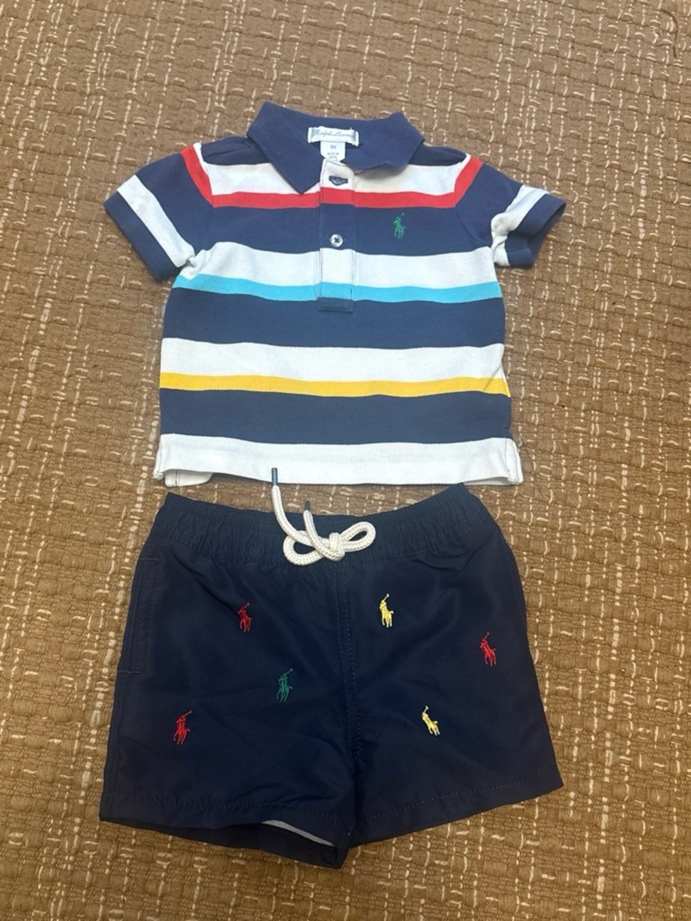 Ralph Lauren Navy Multi-Color Striped Polo and Navy Embroidered Shorts Set